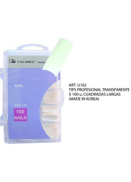 TIPS PROFESIONAL TRANSPARENTE  X 100 u. (CUADRADAS LARGAS) MADE IN KOREA