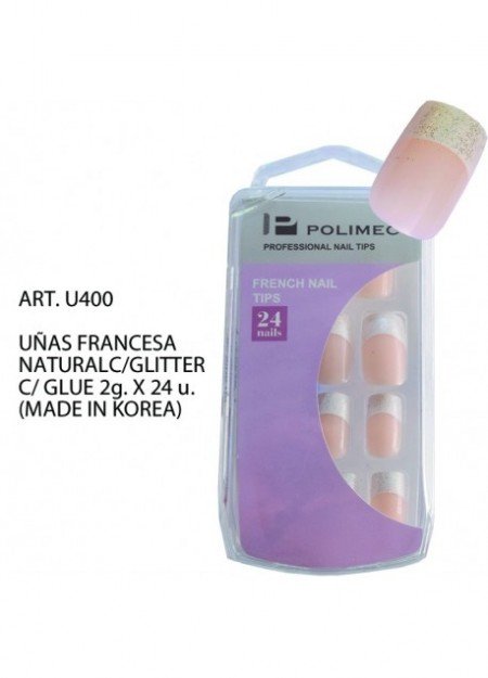 UNAS FRANCESA NATURAL C/GLITTER C/ GLUE 2g. X 24 u.  MADE IN KOREA